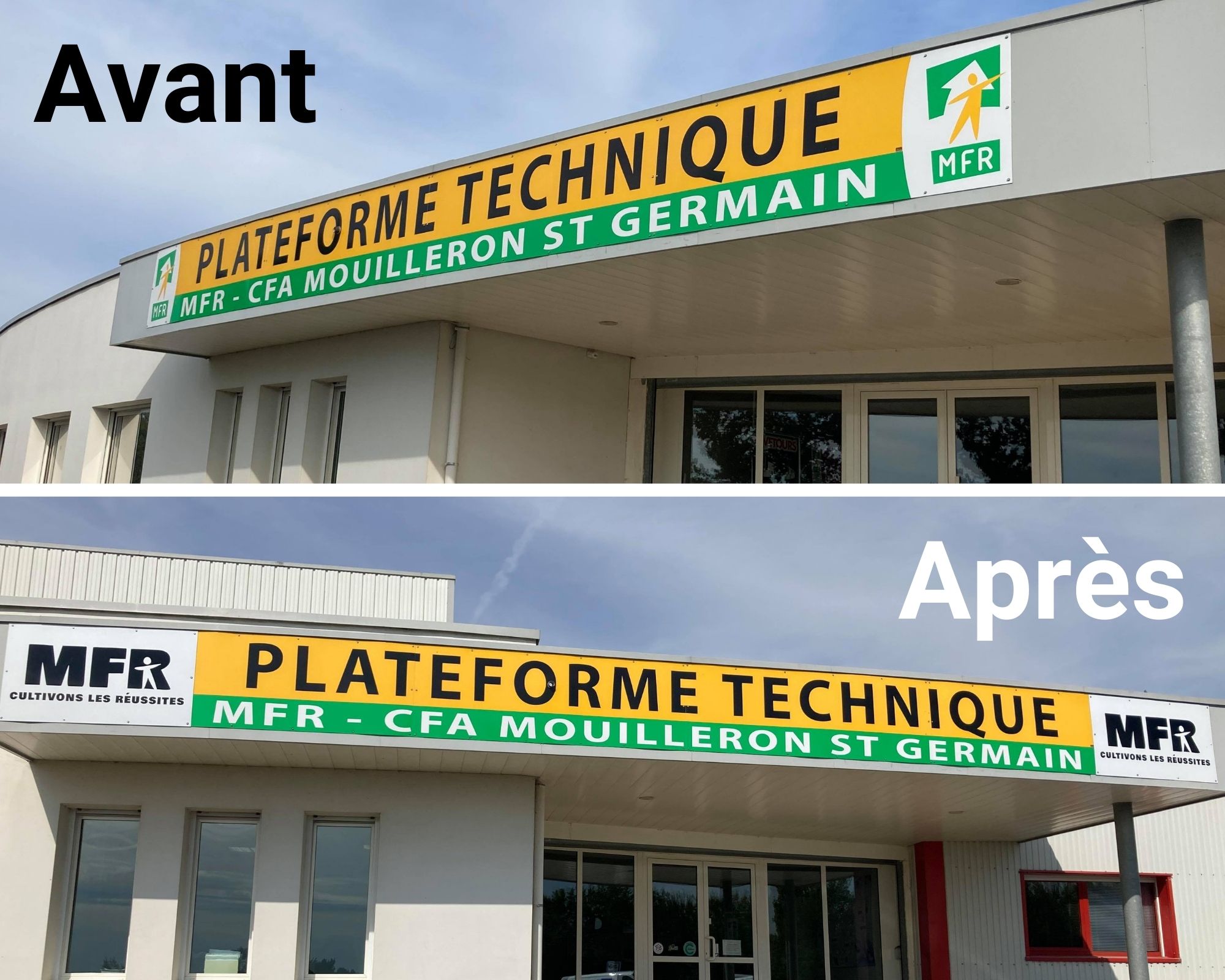 des nouveautés à la mfr : photo avant/après qui représente le nouveau panneau sur la façade de la plateforme technique