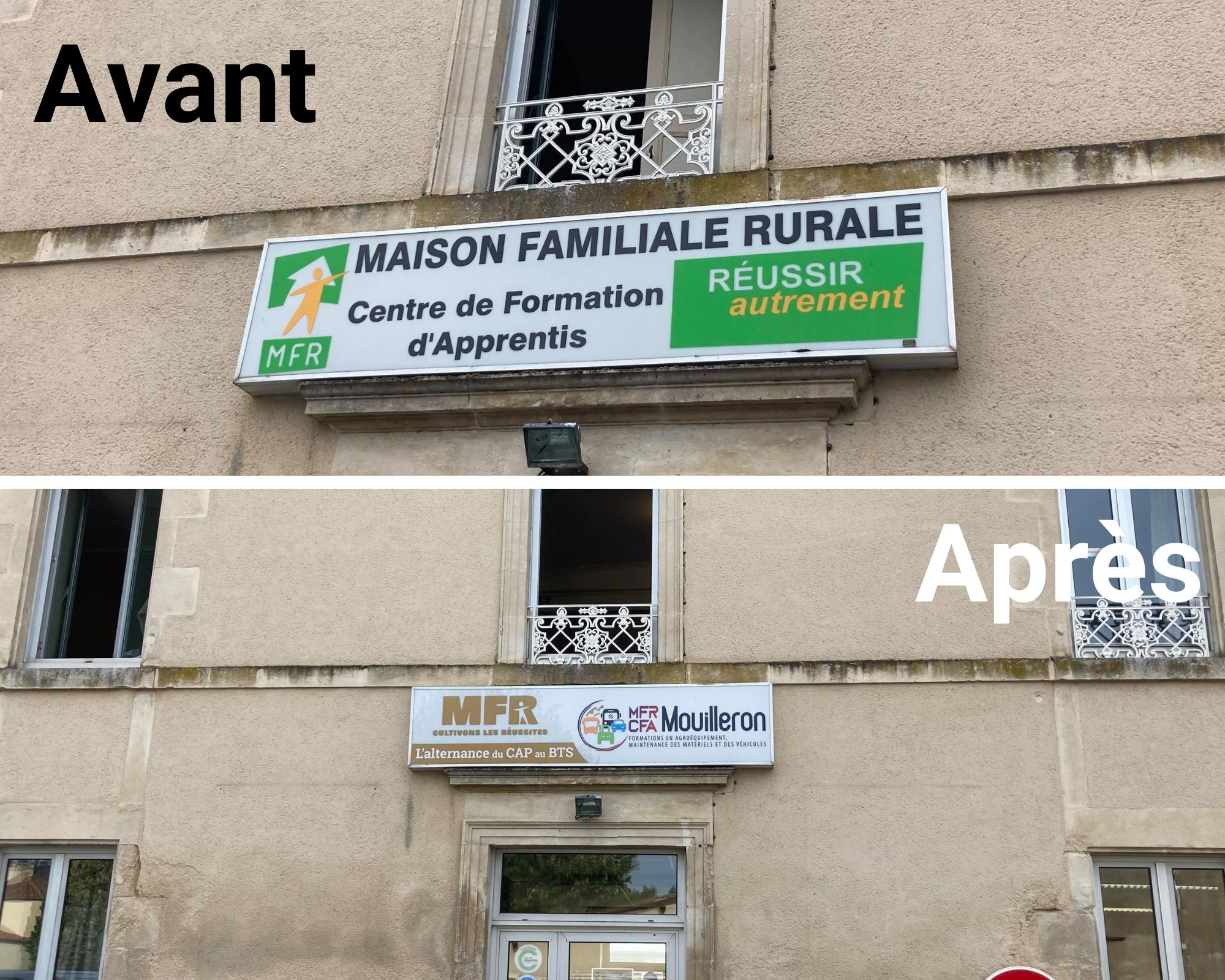 des nouveatés à la mfr : photo avant /après qui montre le nouveau panneau sur la façade de la mfr